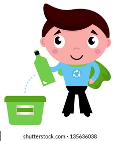 Little recycle super hero recycling garbage isolated on white