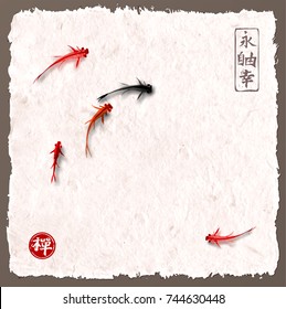 Little red and black fishes hand drawn with ink on vintage paper background. Traditional oriental ink painting sumi-e, u-sin, go-hua. Contains hieroglyphs - eternity, freedom, happiness, zen.