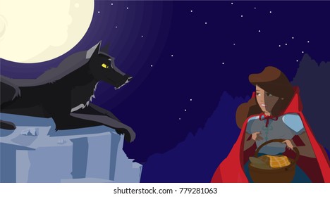 little red cap girl with wolf in the night 