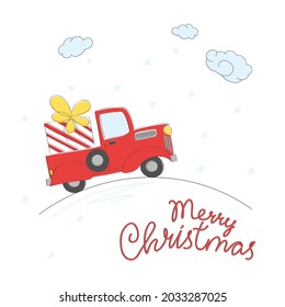 Little red car with christmas gift. Doodle greeting card.