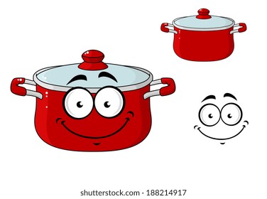 Little Red Cartoon Cooking Saucepan Or Pot With A Lid And A Happy Smile, Isolated On White