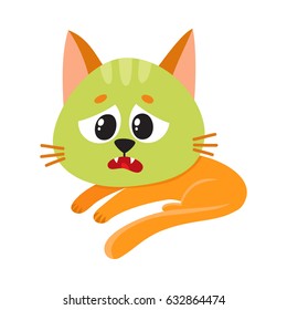 Little red cat, kitten feeling sick to stomach, green from nausea, lying, looking helpless, cartoon vector illustration isolated on white background. Sick little cat having nausea, foodborne disease