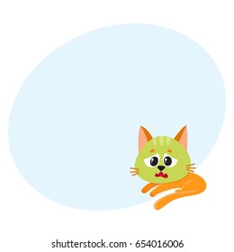 Little red cat, kitten feeling sick to stomach, green from nausea, lying, looking helpless, cartoon vector illustration with space for text. Sick little cat having nausea, foodborne disease