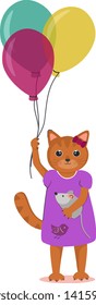 Little red child cat in dress hold in hands balloons and toy mouse on isolated background. Birthday party, celebration and holiday cartoon vector illustration