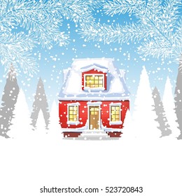 little red cottage in the winter forest. a small house with an attic in the winter forest with fir trees. winter card Happy New Year