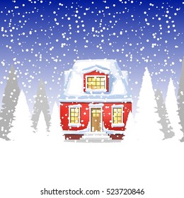 little red cottage in the winter forest. a small house with an attic in the winter forest with fir trees. winter card Happy New Year