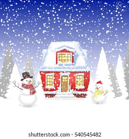 little red cottage in the winter forest. winter landscape with a house, trees and snowman