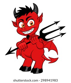 Little red demon with black pitchfork isolated.