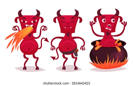 Little Red Devil with Beard, Fangs and Horns Vector Set