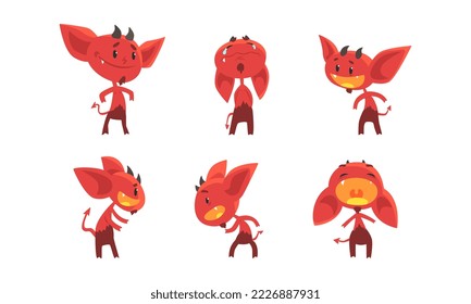 Little Red Devil or Demon as Evil Character with Fangs, Tail and Horns Vector Set