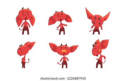 Little Red Devil or Demon as Evil Character with Fangs, Tail and Horns Vector Set