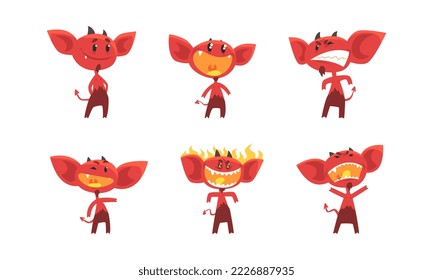 Little Red Devil or Demon as Evil Character with Fangs, Tail and Horns Vector Set