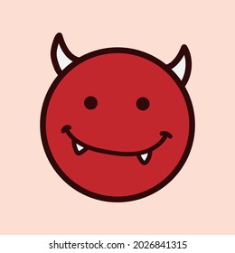 Little red devil funny face, cute face of a devil face smiling with horns and fangs, Halloween vector cartoon.