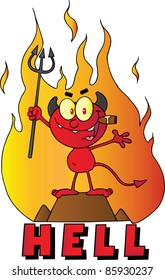 Little Red Devil Holding Up A Pitchfork And Smoking A Cigar In Front Of Fire And Hell Text