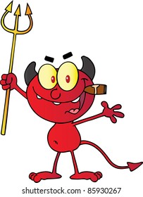 Little Red Devil Holding Up A Pitchfork And Smoking A Cigar