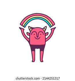 Little red devil with rainbow, illustration for t-shirt, sticker, or apparel merchandise. With doodle, retro, and cartoon style.