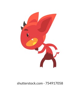 Little red devil standing in threatening pose isolated on white. Funny evil fictional character with horns, big ears and tail