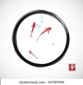 Little red fishes hand drawn with ink in black enso zen circle on white background. Contains hieroglyph - happiness.Traditional oriental ink painting sumi-e, u-sin, go-hua. Vector illustration.
