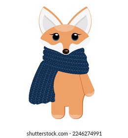 A little red fox in a blue knitted scarf on white background. Winter card with animal. Winter card with corgi.