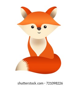 Little red fox cub, sitting and smiling, cute cartoon character fluffy pet animal with beautiful tail, for kids book, baby shower card, other design for children. Kawaii japanese style vector eps10.