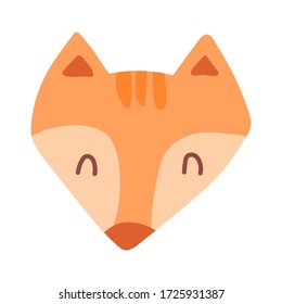 Little red fox face isolated on white background. Cute print for the design of toys, clothes, shoes, goods for children. Wild animal in the Scandinavian stele. Cartoon fox in a flat style