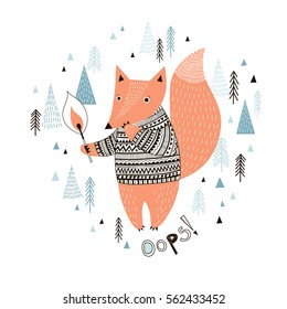 little red fox illustration, kid's room decor, children apparel print