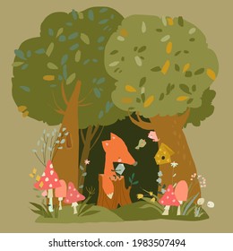 Little Red Fox reading Book in Summer Forest. Vector illustration