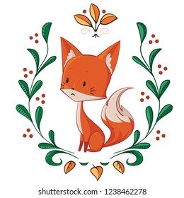 Little red fox surrounded with leaves and berries. Beautiful vector fox character illustration.