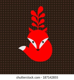 Little red fox  with tree on the head. Vector illustration with dots on the background.