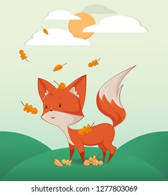 Little red fox walking on the hills. Baby red fox gazing at the falling leaves. Fox on a walk in a bright sunny day. Isolated - Vector.