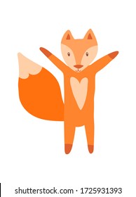 Little red fox waves paws isolated on a white background. Cute print for the design of toys, clothes, shoes, goods for children. Wild animal in the Scandinavian stele. Cartoon fox in a flat style