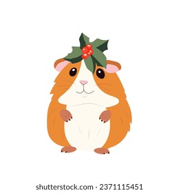 Little red guinea pig with Christmas mistletoe on his head sits on a white background