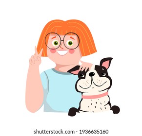 Little red hair girl and dog puppy hug and greet, best friends flat cartoon hand drawn graphics Life is Better with Dog. Vector kid dog owner illustration.