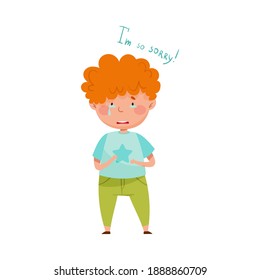 Little Red Haired Boy Crying Feeling Sorry and Expressing Regret for Bad Thing Vector Illustration