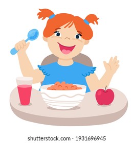 Little red haired girl has breakfast. Cute cartoon character. Healthy food. Flat vector illustration with smiling child, table, spoon, apple, glass of juice and plate of flakes.