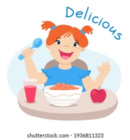 Little red haired girl has breakfast. Cute cartoon character. Healthy food. Flat vector illustration with smiling child, table, spoon, apple, glass of juice, plate of flakes and hand lettering. 