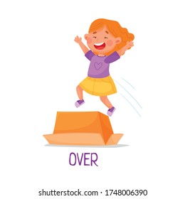 Little Red Haired Girl Jumping with Joy Over Carton Box as Preposition of Place Vector Illustration