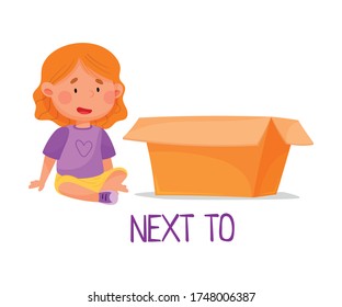 Little Red Haired Girl Sitting Next To Carton Box as Preposition of Place Vector Illustration