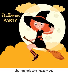 Little red haired witch flying on a broom on background of the moon on the night of Halloween Stock cartoon vector illustration
