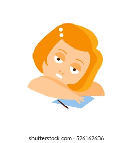 Little Red Head Girl In Red Dress Daydreaming Writing A Letter Flat Cartoon Character Portrait Emoji Vector Illustration