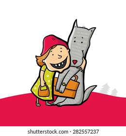 Little Red Hiding Hood and Gray Wolf together. Vector illustration.
