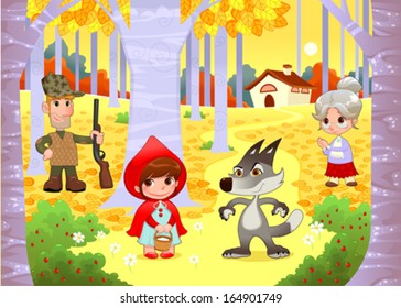 Little Red Hiding Hood scene. Funny cartoon and vector illustration.