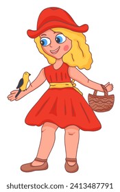 Pequeña ilustración de cuento de hadas de capucha roja. Chica con pájaro