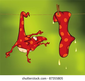 Little red lizard and wet sock. Cartoon