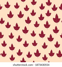 Little red maple leaf ornament seamless random pattern. Contrast floral backdrop with light background. Perfect for fabric design, textile print, wrapping, cover. Vector illustration.