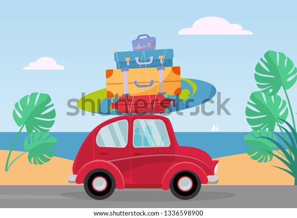 Little red retro car rides from the sea with\
stack of suitcases on roof. Flat cartoon vector illustration. Car\
front View With suitcases and baggage. Southern landscape with\
sand, leaves of\
Monstera