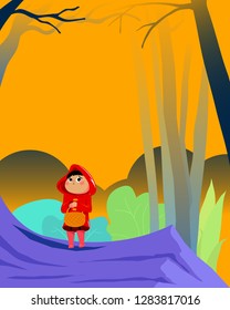 Little Red Riding Hood Alone in the forest. Vectoral Illustration for Children Books, Magazines, Web Pages, Apps, Games.