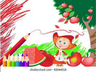 Little Red Riding Hood, apple, studded with red fruits, watermelon  and other examples of red