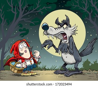 Little Red Riding Hood attack the wolf in the woods.