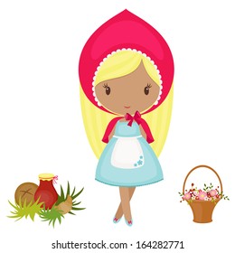 Little Red Riding Hood with a basket, flowers and food.